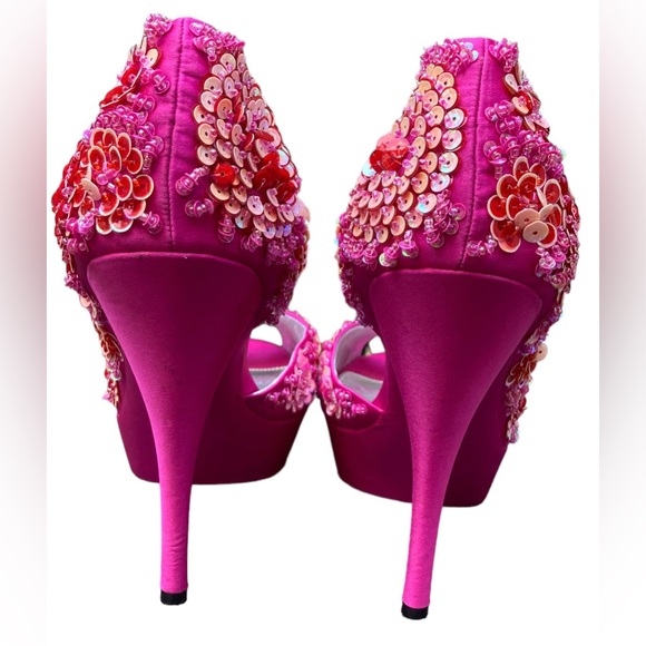 NINA NEW YORK Fuchsia Pink “Sadi” 3D Sequin Floral Flower Peep Toe Pump Heels,10 - Picture 9 of 11